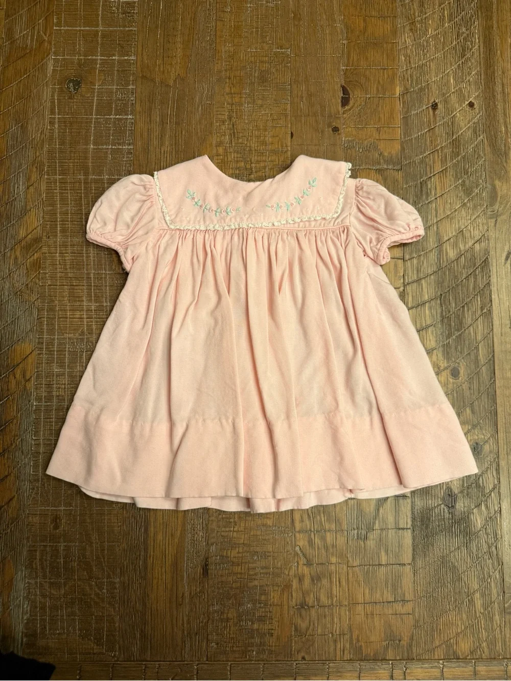 Vintage Nannette Baby Girl Pink Collared Dress Embroidered Flowers 6-9 Months